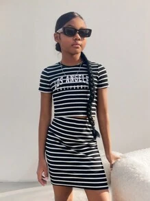 SHEIN Tween Girl Striped & Letter Graphic Crop Tee & Skirt - Black and White - View 6