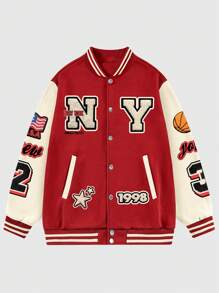 ROMWE MEN Prep Men's Color Block Stitching Front Button Number Alphabet Pattern Pocket Casual Rave Jacket, Fall/Winter - Multicolor - View 3