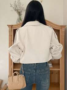 DAZY Solid Color Long Sleeve Front Button Casual Trench Coat,Fall Clothes Women Jacket - Apricot - View 2