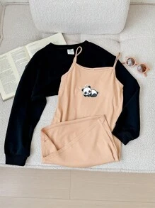 SHEIN 2 件套 Tween 女童纯色运动衫和熊猫印花吊带连衣裙休闲套装 - 黑色 - 查看 4
