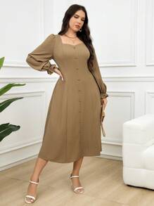 Mulvari Plus Size Ladies Spring Summer Solid Color Sweetheart Neck Long Sleeves Long Elegant Dress