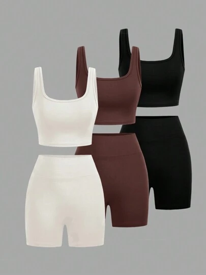 SHEIN EZwear Women's Sports Set, 3pcs, Including Round-Neck Vest And Shorts