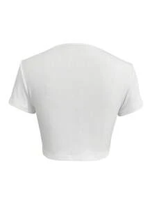 SHEIN EZwear Women's Summer Contrast Lace Short Sleeve Casual T-Shirt With Bow Decoration - White - View 2