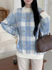 DAZY Women's Thick Plaid Thermal Lined Pullover Sweater,Fall Clothes