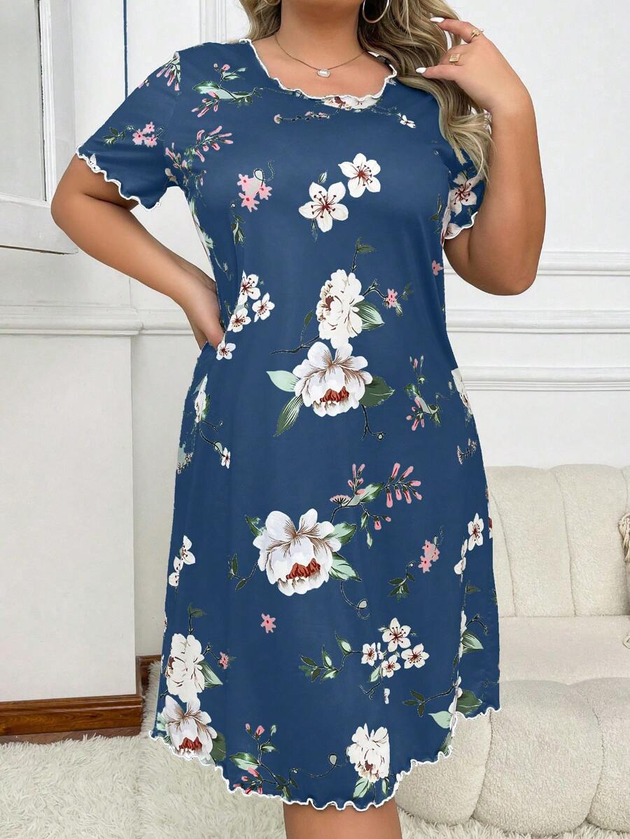Blume Muster Kleid in Große Größen mit Kurzarm, Moo Moo Nachthemd - Blau - Übersicht 1