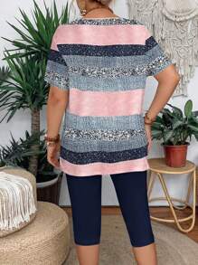 Fashion Striped Digital Print Round Neck Short Sleeve T-Shirt And Leggings 2pcs Outfit For Women, Casual