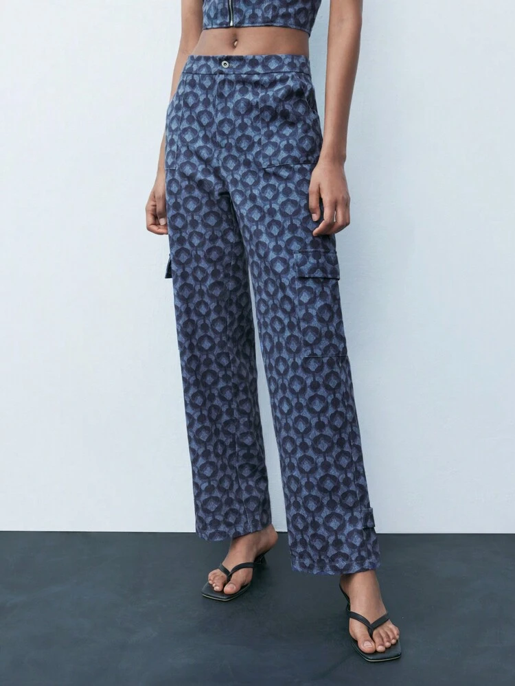 SHEIN Maija Pantalon droit avec poches à imprimé tout-sur-pour femme