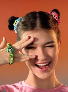 THE POWERPUFF GIRLS X SHEIN 3 件装卡通印花耐用发圈，适合日常佩戴，可扎马尾辫，Y 2 K - 彩色 - 查看 3