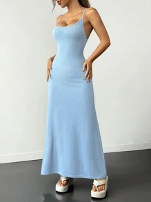 SHEIN EZwear Vestido feminino de malha elegante com alça espaguete e cauda de peixe de cor sólida - Azul - Ver 5
