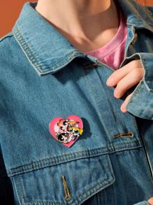 THE POWERPUFF GIRLS X SHEIN Cartoon Heart Shaped Pink Alloy Enamel Pin, 360° Rotatable, Fun & Cute