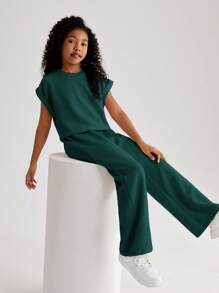 Tween Girl 纯色圆领无袖上衣和裤子春夏休闲套装 - 綠色 - 查看 6