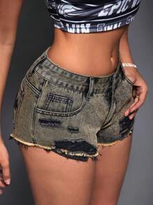 SHEIN ICON Summer Fashion Cross Embroidered Distressed Frayed Hem Ultra-Short Denim Shorts