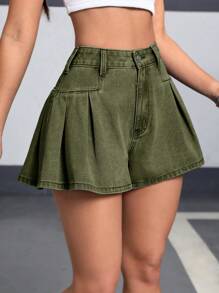 SHEIN EZwear 女士夏季休闲水洗阔腿牛仔短裤 - 軍綠色 - 查看 3