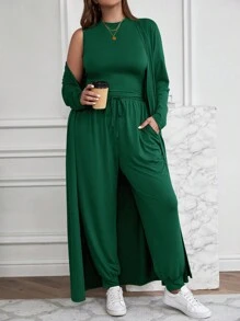 SHEIN LUNE Bộ quần áo dài tay dài màu trơn mùa xuân/thu cỡ lớn + áo ba lỗ + quần - Màu xanh lá cây đậm - Xem 3