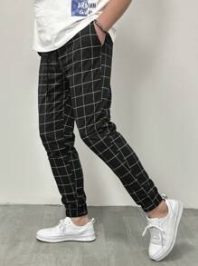 Manfinity Homme Men Loose Grid Print Drawstring Waist Pants, For Fall - Black - View 4