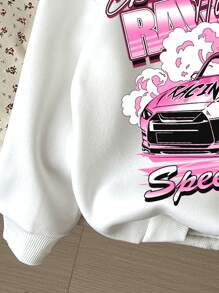 SHEIN Sudadera con capucha de punto cómoda de manga larga, estampada con coche de dibujos animados rosa y letras en inglés, de estilo americano casual y personalidad fresca, apropiada para otoño e invierno, para niñas jóvenes