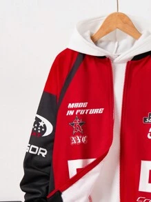 SHEIN Tween Boy Casual Streetwear Knitted Jacket With Letter And Numeric Patterns, Zipper Closure, Lightweight Fabric - Red - View 5