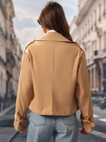 Chiquease Áo khoác dài tay ngắn cổ bẻ màu trơn thanh lịch cho nữ, mùa xuân thu - Màu Khaki - Xem 2