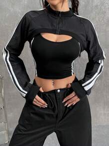 SHEIN EZwear de rayas lado súper crop Cazadora & Top de tirantes - Negro - Ver 1