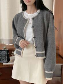 DAZY 女士撞色饰边纽扣前襟休闲针织毛衣、长袖上衣、秋季女装