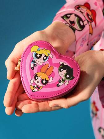 THE POWERPUFF GIRLS X SHEIN Lovely Cartoon Figure Print Pink Heart-Shaped Jewelry Organizer Box With Zipper