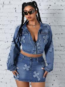 SHEIN ICON Große Größen Gewaschenr bestickter Denim Jacke Herbst Damenbekleidung