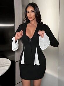 SHEIN SXY 2pcs Women's Graduation/Party Colliding Fabric Pleated Cuff Decor Blazer And Mini Skirt Suit Set - Black - View 3