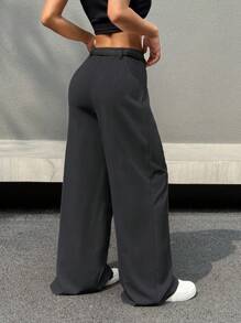 SHEIN EZwear 纯色休闲阔腿裤配腰带 - 灰色 - 查看 2