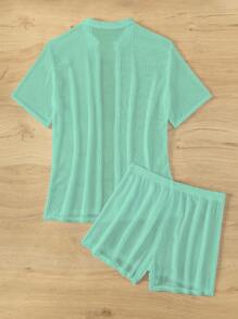 SHEIN Swim Conjunto de blusa e shorts com botões sólidos e cobertura frontal verão