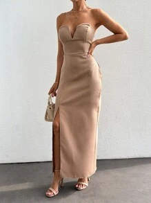 SHEIN Cottnline Quý cô Màu thuần Quây Khe Thiết kế Váy bodycon - Màu be - Xem 6