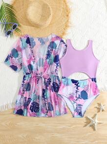 Tween Girls 2 件套：热带印花镂空连体泳衣和短袖打结罩衫 - 彩色 - 查看 1