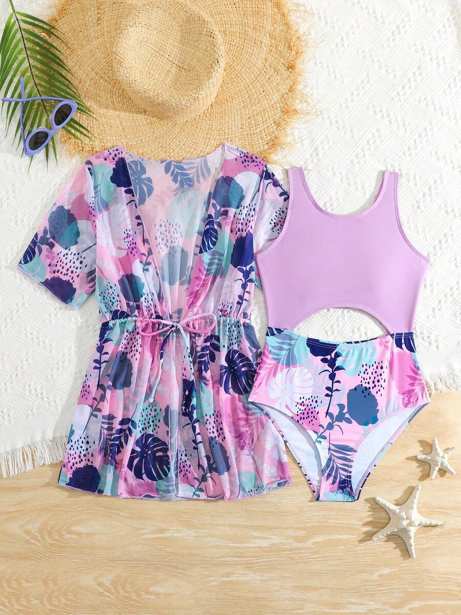 Tween Girls 2 件套：热带印花镂空连体泳衣和短袖打结罩衫 - 彩色 - 查看 1