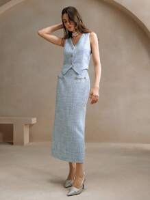 Anewsta 2 件套女士优雅单排扣背心和后开衩长裙套装，夏季 - 淺藍色 - 查看 5