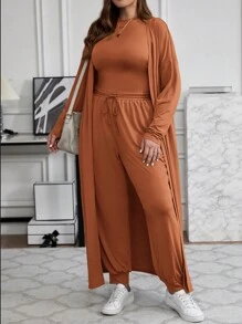 SHEIN LUNE 3 pièces/set Top ajusté pour femme grande taille, veste longue ample et pantalon casual à cordon de serrage - Acajou - Voir 5