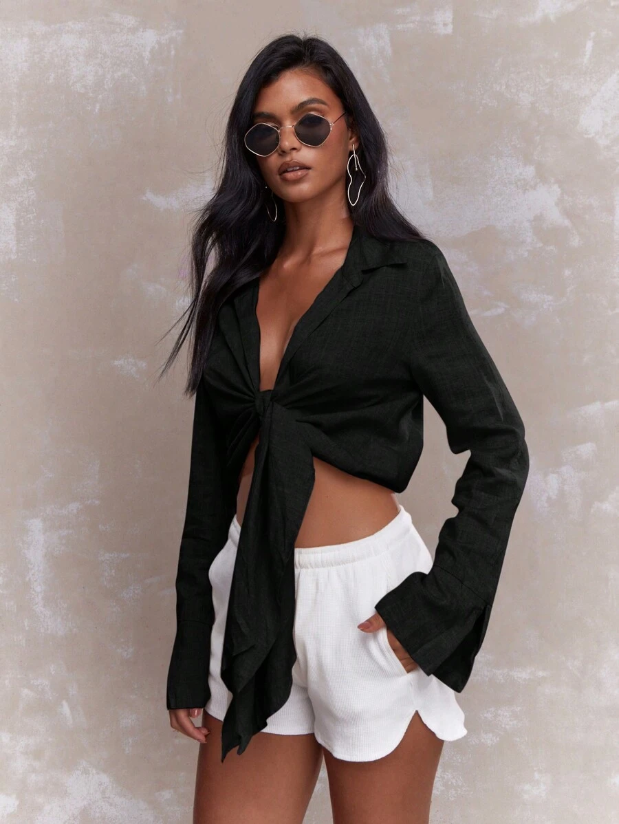 MISSGUIDED Tying Knot Detail Linen Long Sleeve Crop Shirt Blouse - Black - View 1