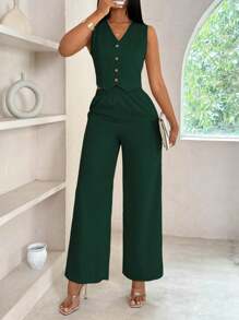VaVaBold 2pcs V-Neck Button Front Sleeveless Top And Pocket Decoration Casual Pants Set - Dark Green - View 5