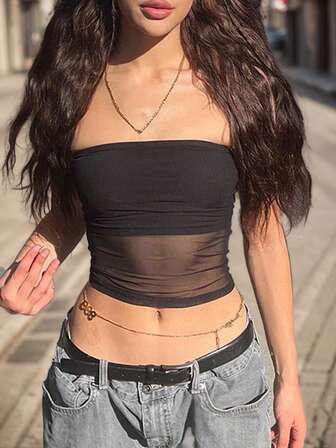 素色嵌入網紗短款抹胸上衣