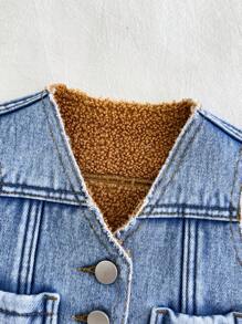 女婴波西米亚西部牛仔秋冬轻洗柏柏尔羊毛层压牛仔背心，配有前扣和平口袋