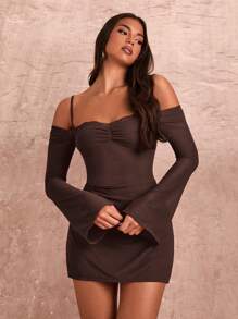 SHEIN BAE Summer Sexy  Lace Panel Sheer Sleeve Mini Dress - Coffee Brown - View 3