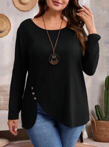 EMERY ROSE 大码黑色圆领长袖纯色简约按扣宽松舒适秋装 T 恤 - 黑色 - 查看 5