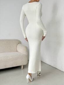 Chiquease Damen Rundhals Langarm einfarbig schlichtes passendes elegantes Strickkleid - Beige - Übersicht 4