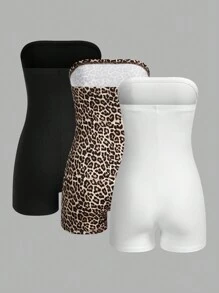 SHEIN EZwear 3 Pcs/Set Plus Size Women Casual Solid Color+Retro Leopard Print Jumpsuit, Suitable For Spring & Summer Everyday Wear - Multicolor - View 2