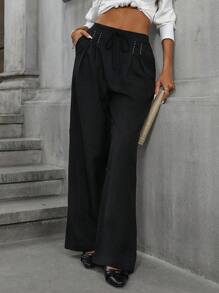 Aveloria Casual Drawstring Waist Handmade Shirring Wide Leg Pants Fall Cloth For Women - Black - View 3