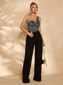 Glamine 1pc Summer Fashionable Leopard Print Twist Front Shoulder Top - Grey - View 4