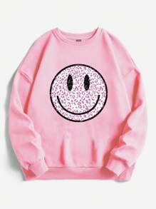 SHEIN EZwear sweat-shirt à capuche épais oversize avec imprimé visage souriant minimaliste rose léopard, coupe décontractée. Tailles plus