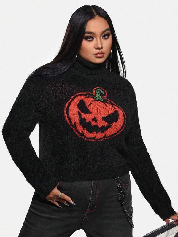 Sonchs Curiosities Artist Plus Size Black Street Style High Neck Y2K Halloween Pumpkin Pattern Sweater, Women Casual Daily Wear Top, Holiday, Vacation, Going Out, Festival, Ibiza Fits