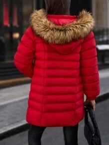 SHEIN Cottnline Zip Up Slant Pockets Padded Coat With Fur Hood - Red - View 2