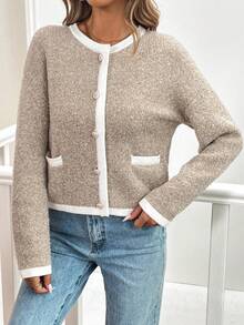 EMERY ROSE Short Pocket Knitted Cardigan Sweater,Long Sleeve Tops Fall Winter Cloth For Women - Camel - View 4