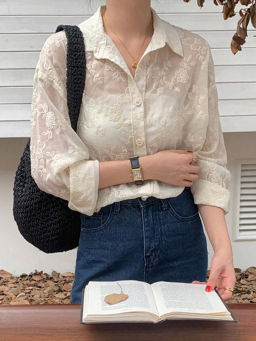 DAZY 女士商务休闲纹理宽松透明衬衫，校服长袖上衣