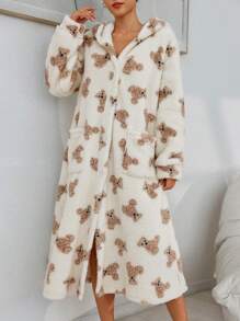 Plush Bear Print Open Front Pockets & Ear Hoodie Long Bath Robe For Women, For Fall Winter